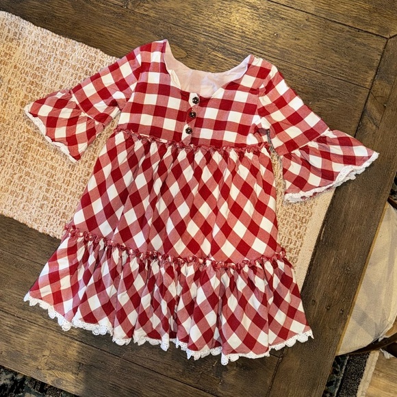 Matilda Jane Rusty Red KASSIDY Flannel Plaid Bell Sleeve Dress Crochet Accents 8 - Picture 1 of 7